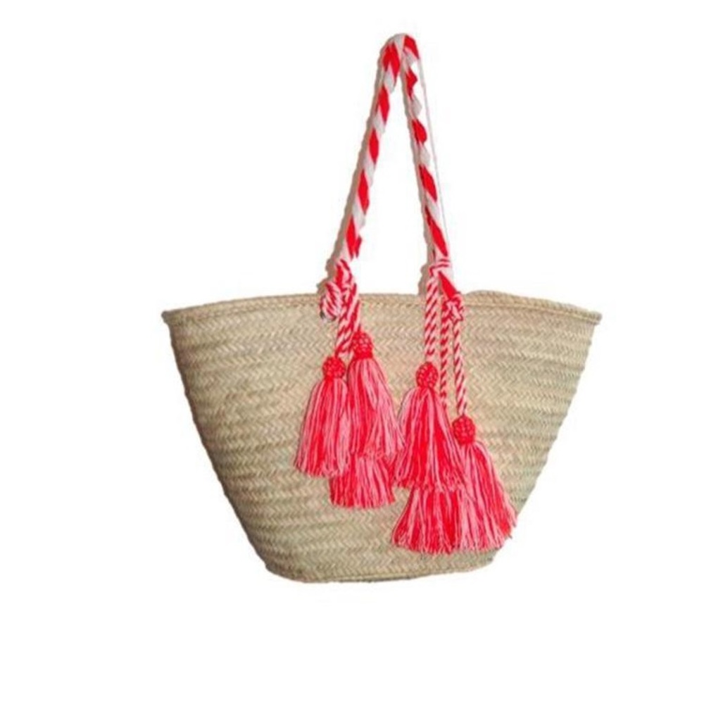 Soeur du Maroc Valencia Orange and White Tassel Woven Beach Tote/Bag.